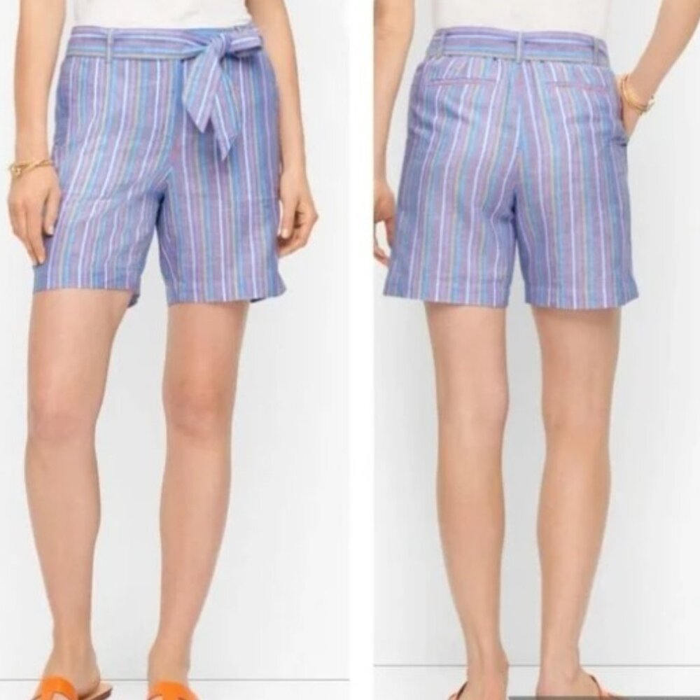 Talbots Multicolor Blue Striped Linen Blend Tie Waist Shorts Pockets, size 12